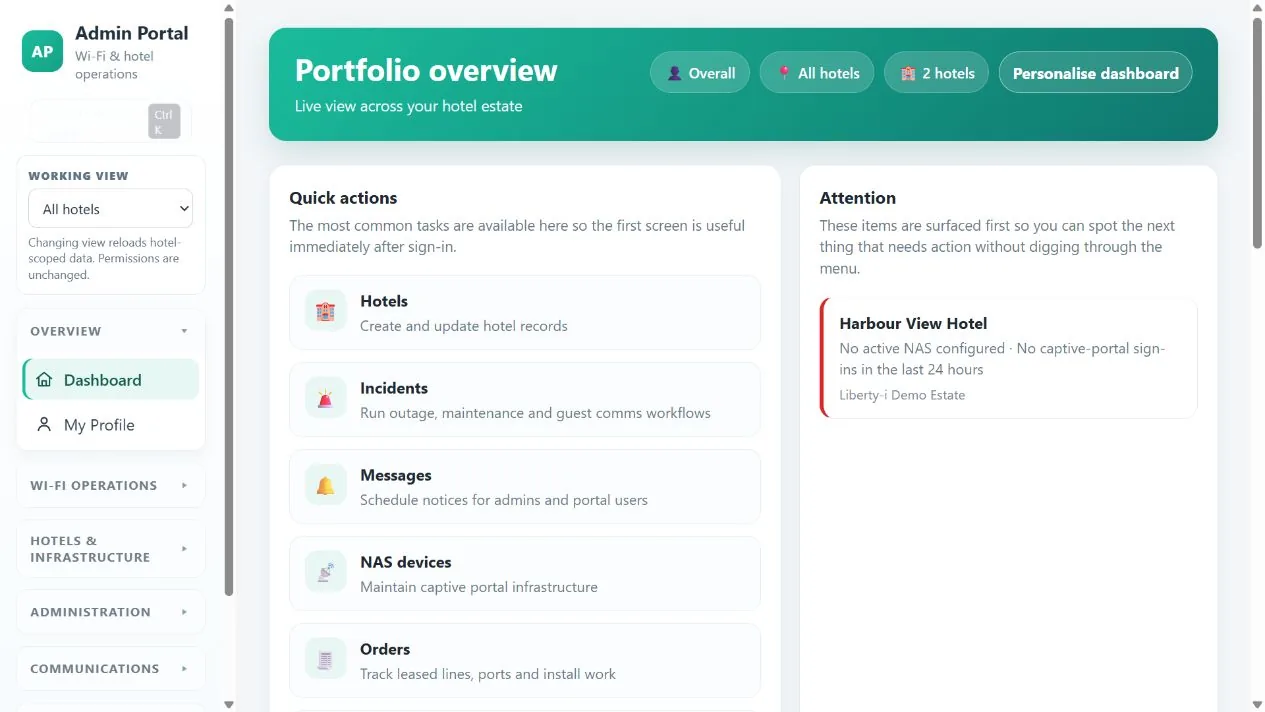 PortalV2 portfolio dashboard showing venue operations, quick actions and service status