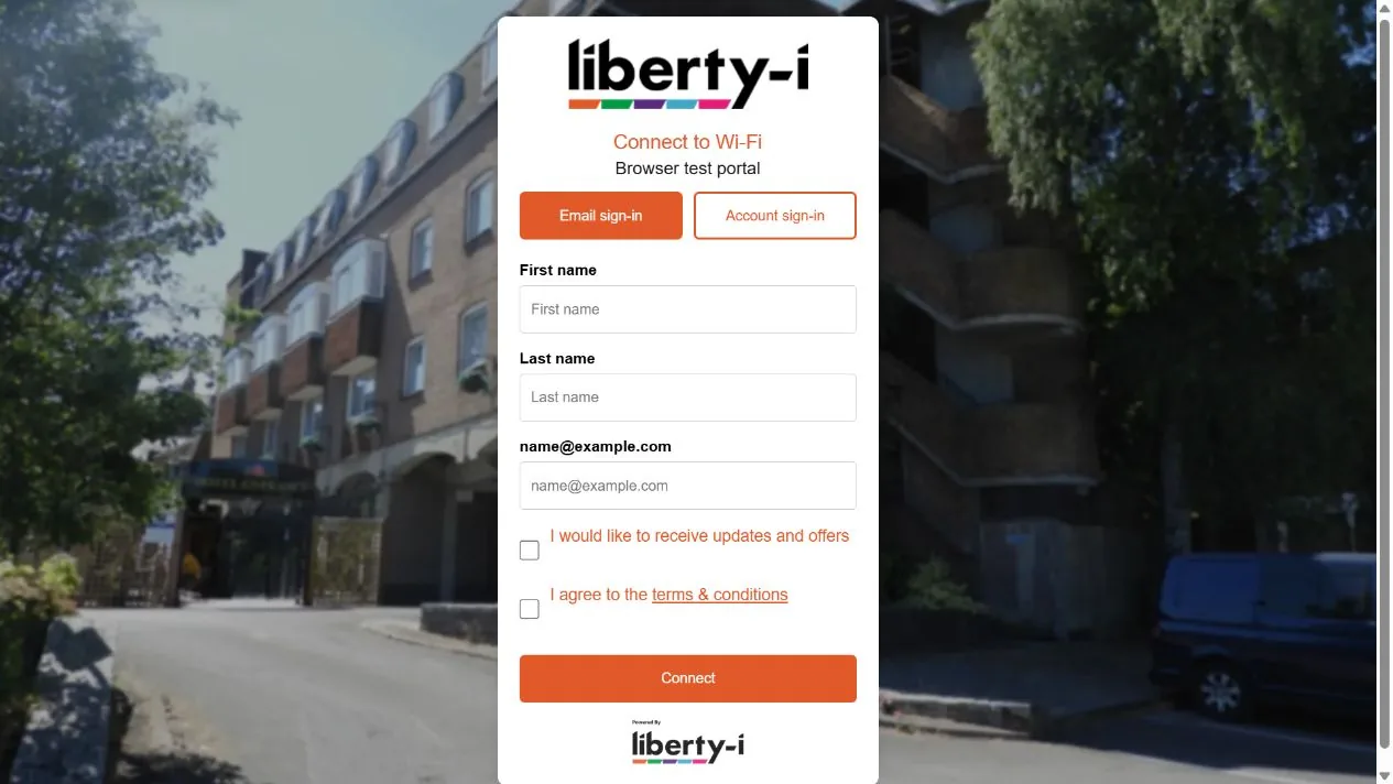 Responsive branded guest Wi-Fi portal with email and account sign-in choices