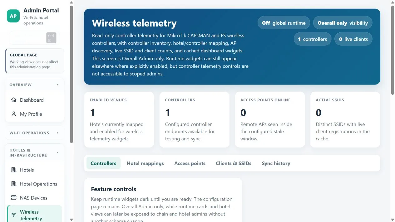 PortalV2 wireless telemetry view with controller, venue, access point and SSID controls