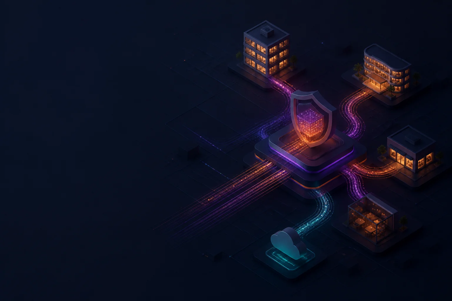 Illustration of a protected network connecting offices, hospitality, retail and cloud services